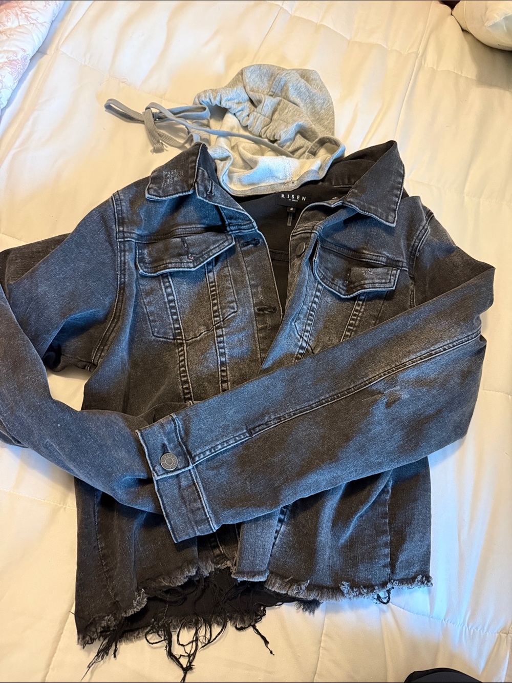 Risen Women's Black Distressed Denim Jacket with Hood